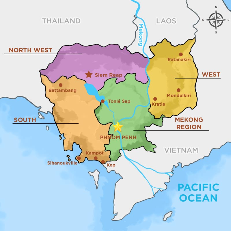 La Cambogia confina con Vietnam, Laos, Thailandia e il Mare Orientale