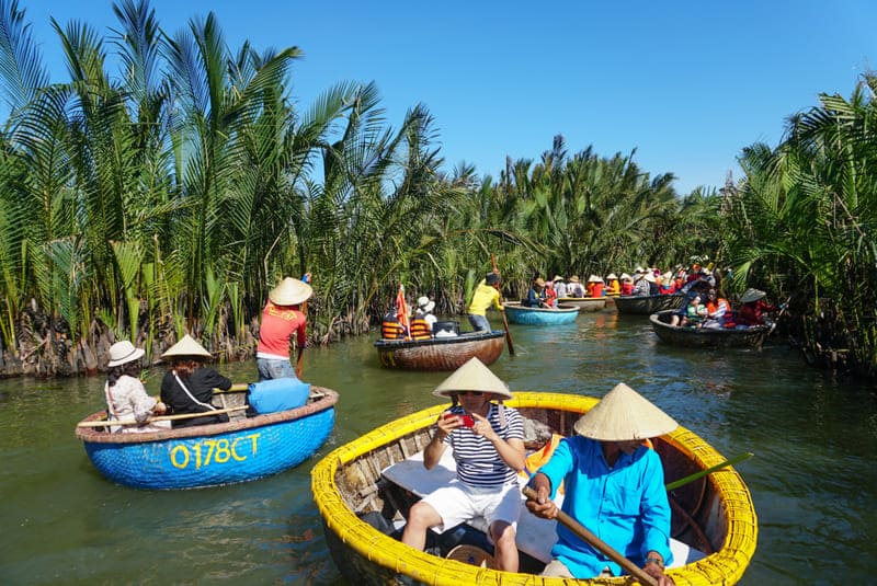 Gita in barca nel paesaggio della foresta di cocchi acquatici